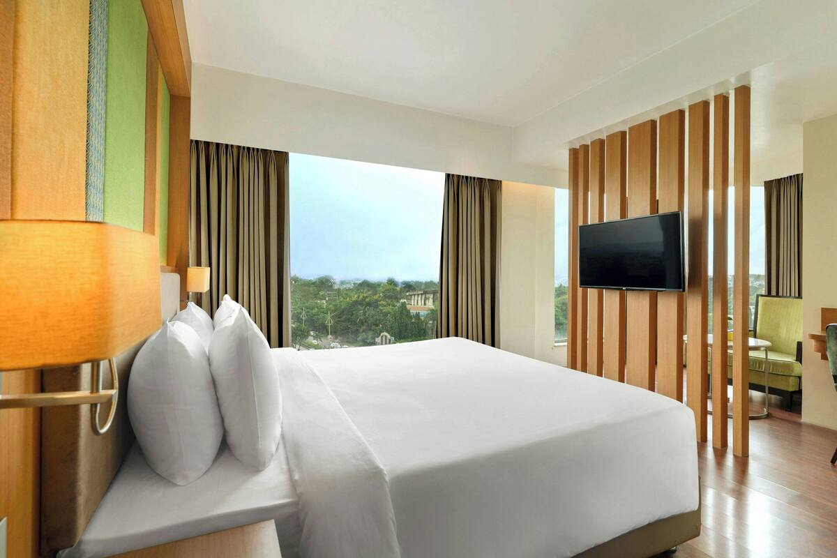A hotel room with a large bed, a TV, a view of the city, and a balcony with a chair.