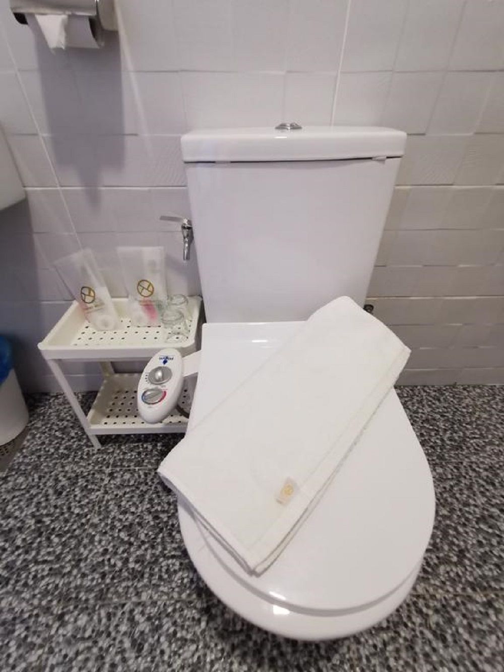 A white toilet with a tissue holder and a bidet control unit on the left.