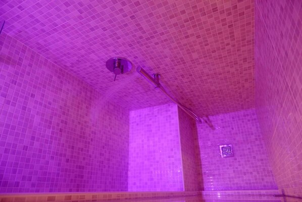 Shower, rainfall showerhead, hair dryer, bathrobes