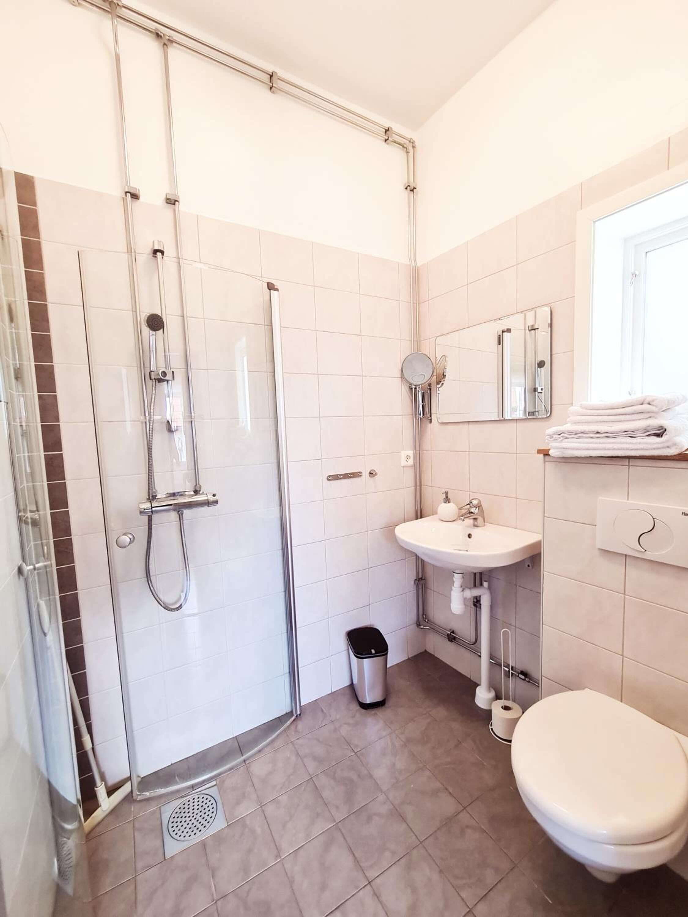 A modern bathroom with a glass-enclosed shower, a white sink, a toilet, and a mirror.