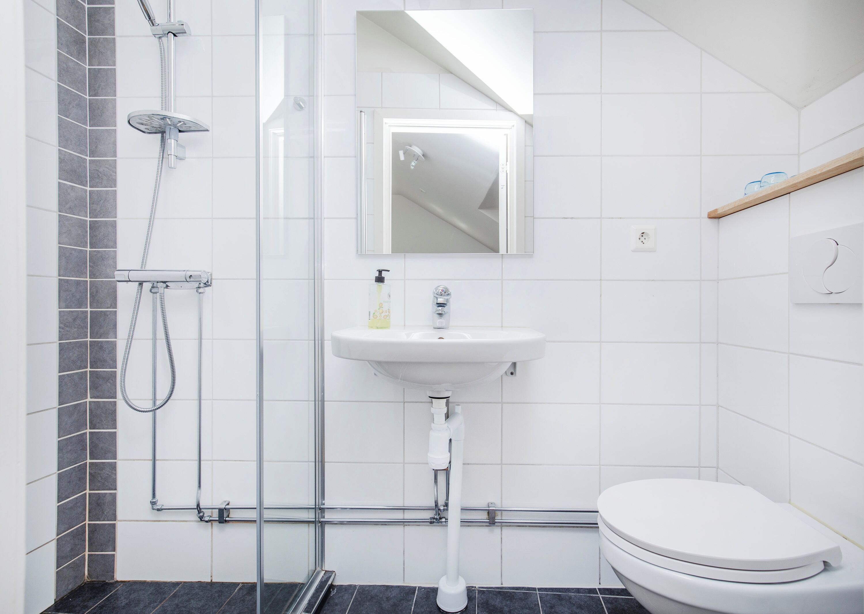 Ein modernes Badezimmer mit Duschkabine aus Glas, einem weißen Waschbecken mit Spiegel darüber und einer Toilette.