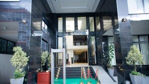 A modern building entrance with a red carpet, glass doors, and potted plants. - Daamat Hotel (Addis Ababa)