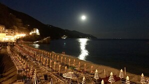 A beach with rows of beach umbrellas and lounge chairs, a calm sea, and a building with lights on a hillside.