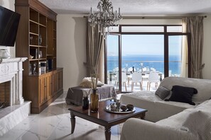 Smart TV, fireplace, books, video library