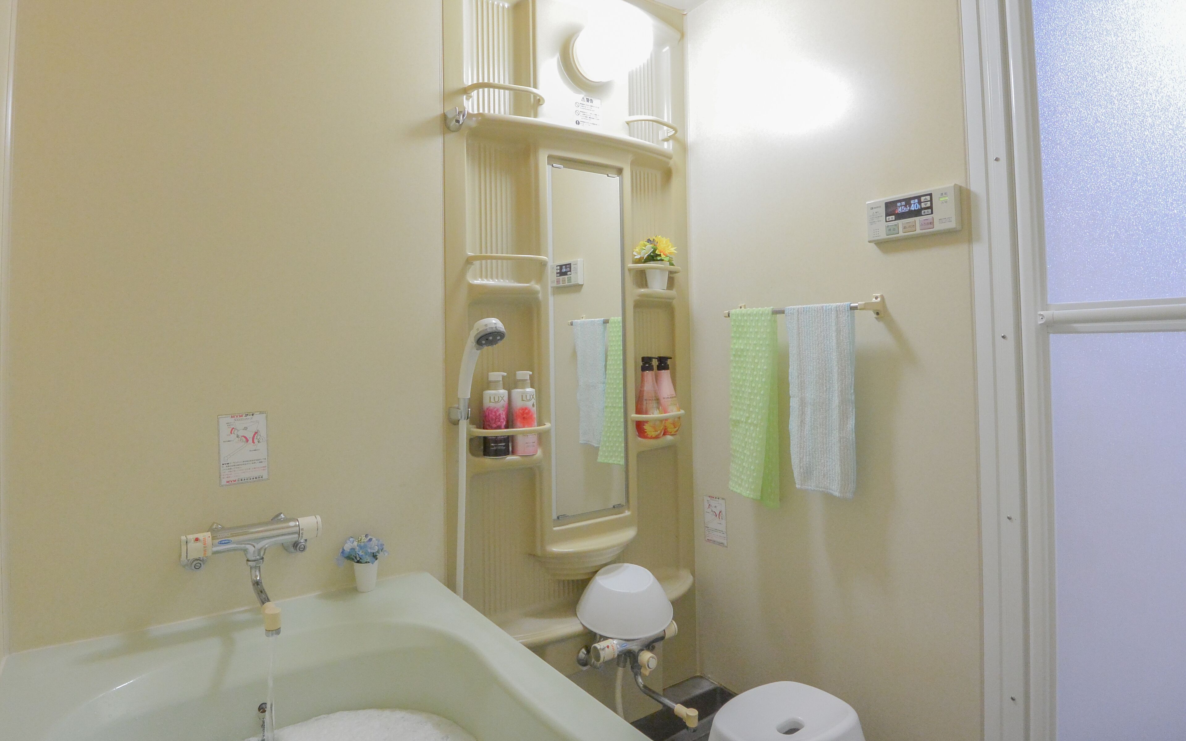 Separate bathtub and shower, hair dryer, slippers, towels