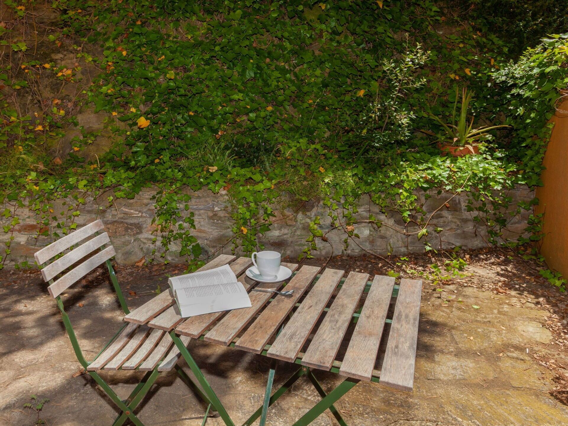 A wooden table with a cup and a book, set against a stone wall with greenery.