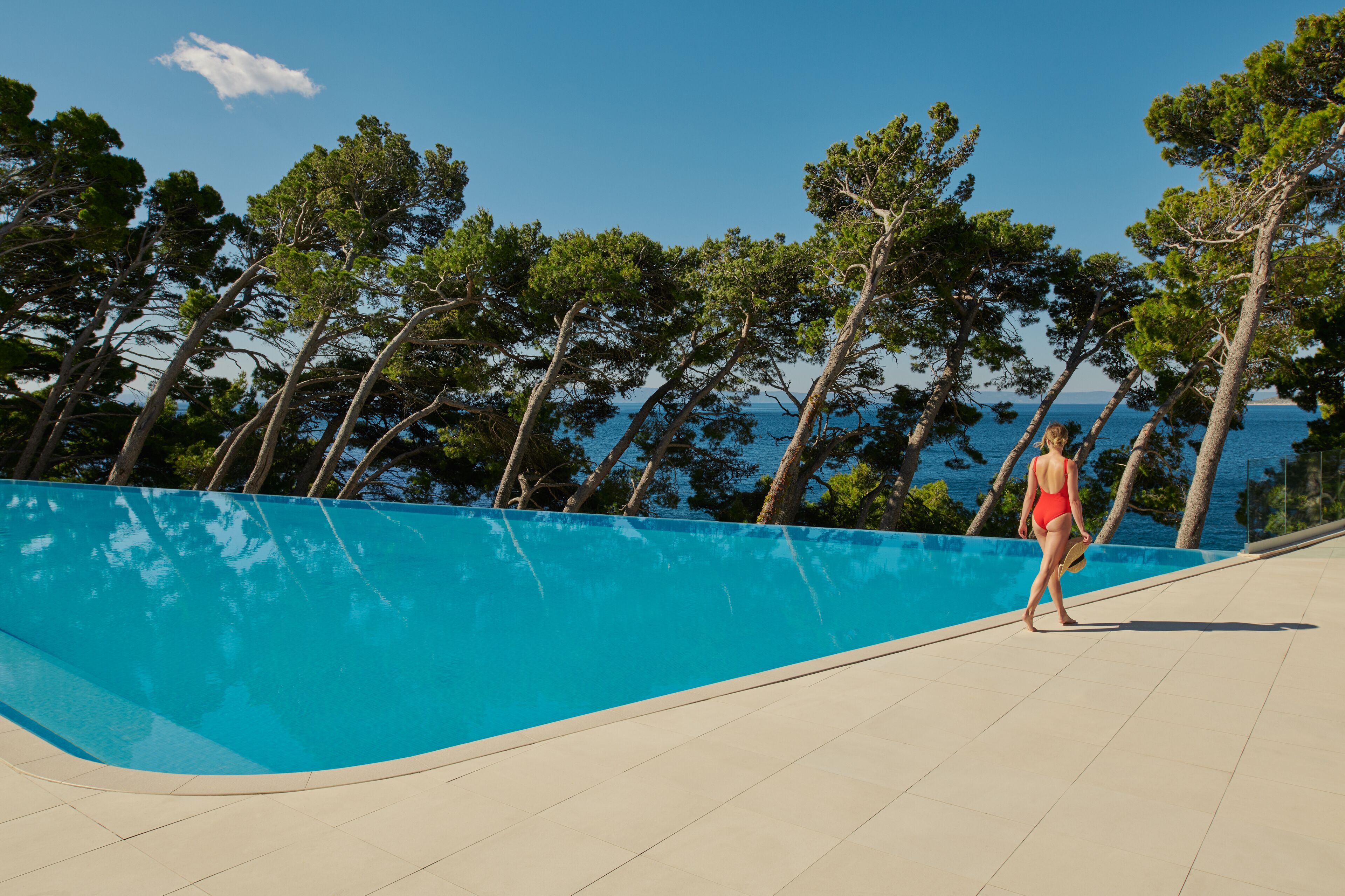 Zona de piscina con vista despejada al mar y árboles al fondo.