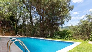 Ein rechteckiger Swimmingpool mit klarem, blauem Wasser, umgeben von einer Rasenfläche und Bäumen.