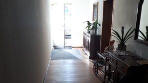 A hallway with wooden flooring, a desk with a plant, and a mirror on the wall. - Apartments B & B27 (Rottweil)