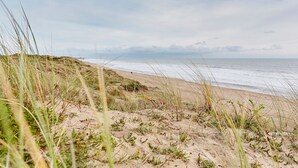Een strand met duinen en gras in de voorgrond, dat uitloopt in de oceaan.