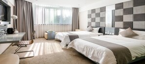 A modern hotel room with two beds, a desk, and a large window with curtains. - Zsmart Hotel Suzhou (Suzhou)