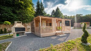 Een houten chalet met een stenen open haard, een overdekt terras en een grindpad.
