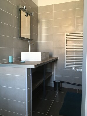 Regadera, secadora de cabello, toallas, papel de baño 