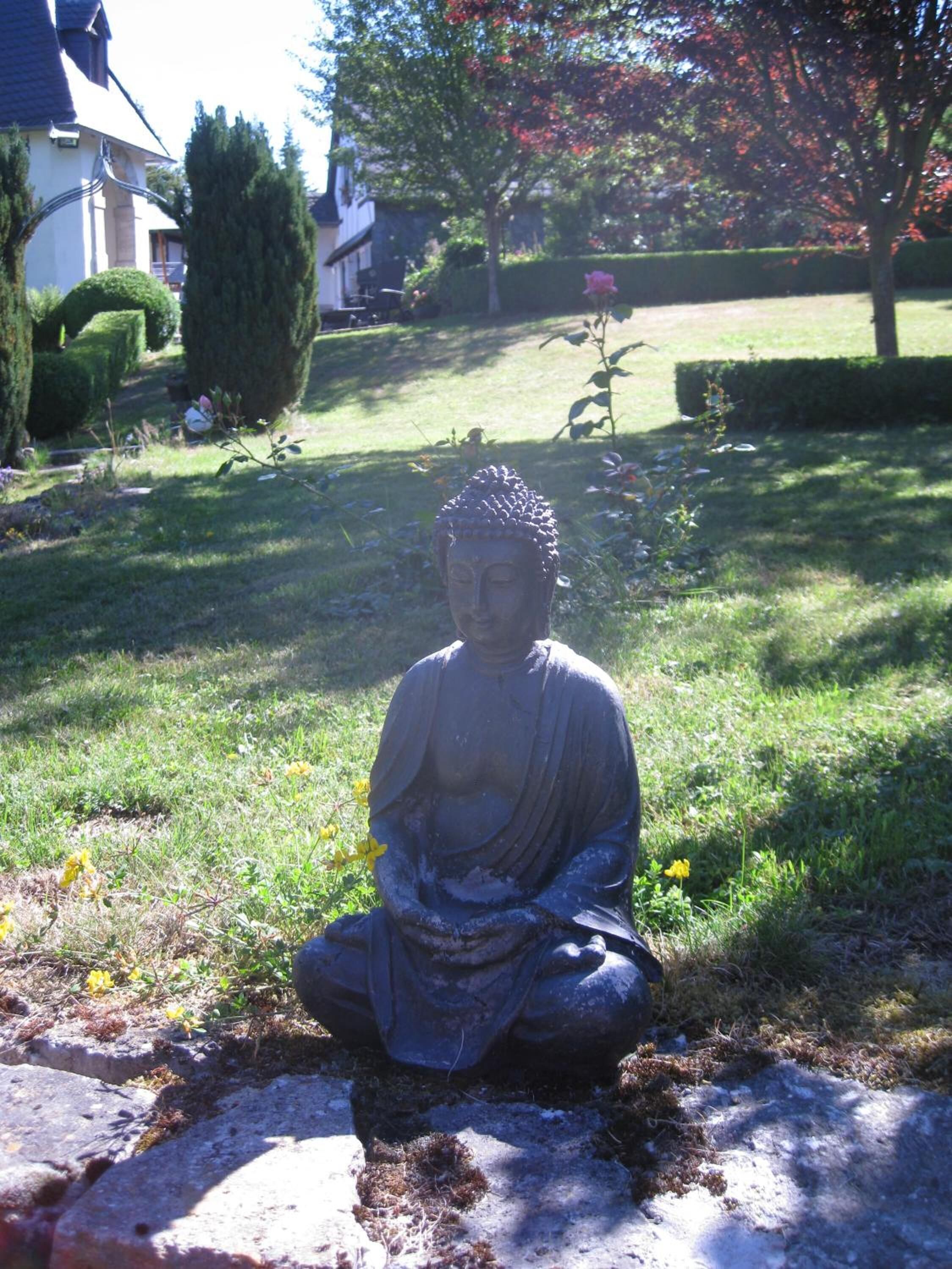 A Buddha statue in a garden setting with grass, flowers, and a house in the background.