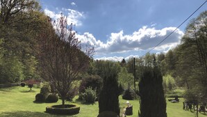 A well-maintained garden with neatly trimmed hedges and a clear pathway. - Ferienhaus Romantikmühle Heartlandranch (Horbruch)