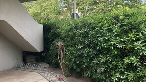 A concrete staircase leading to a covered area with metal bike racks.