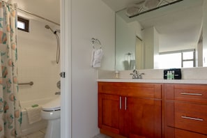 Ensemble douche/baignoire, sèche-cheveux, serviettes fournies