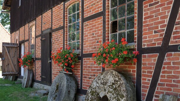 Un edificio tradicional con paredes de ladrillo y ventanas amplias. Hay macetas con flores rojas en el alféizar.