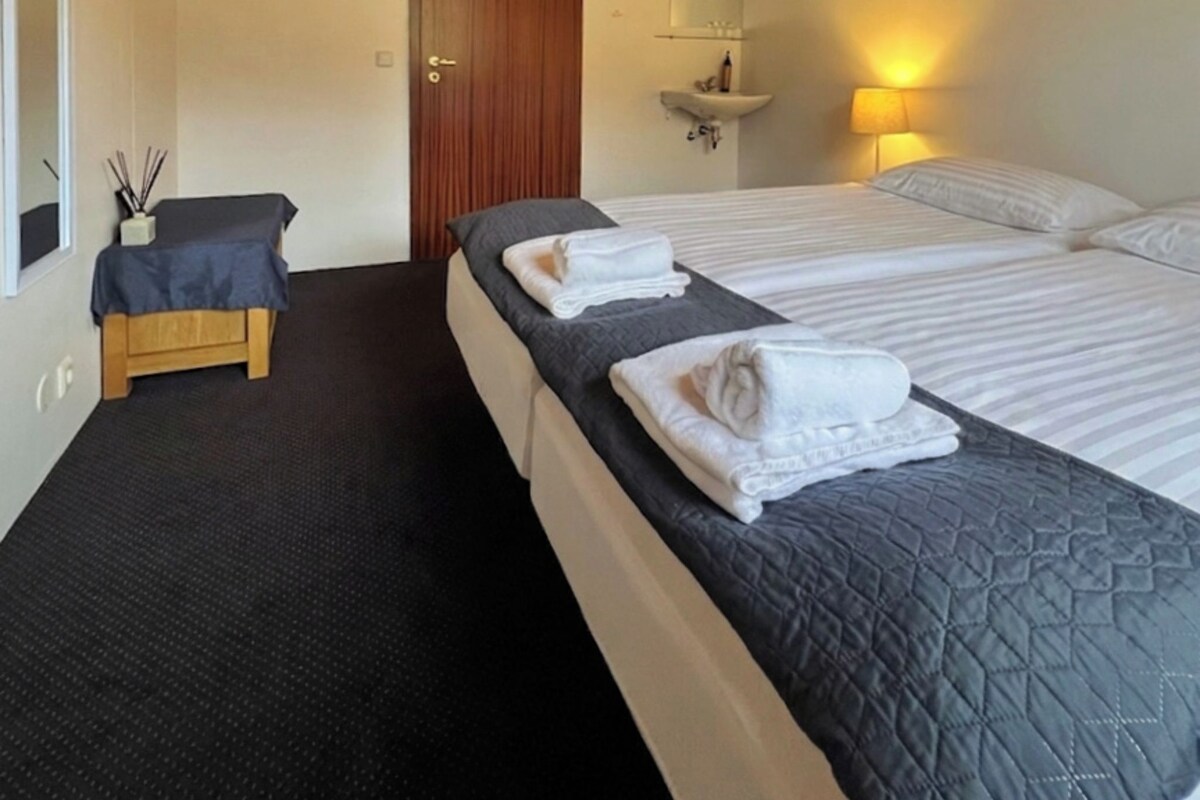 A hotel room with two beds, a wooden ceiling, a small table with a chair, a mirror, a sink, and a painting on the wall.