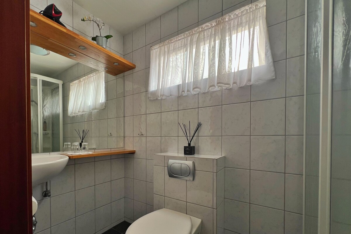A bathroom with a toilet, sink, mirror, and a shelf with a plant.