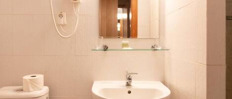 A bathroom with a toilet, a sink, a mirror, and a hairdryer on the wall.