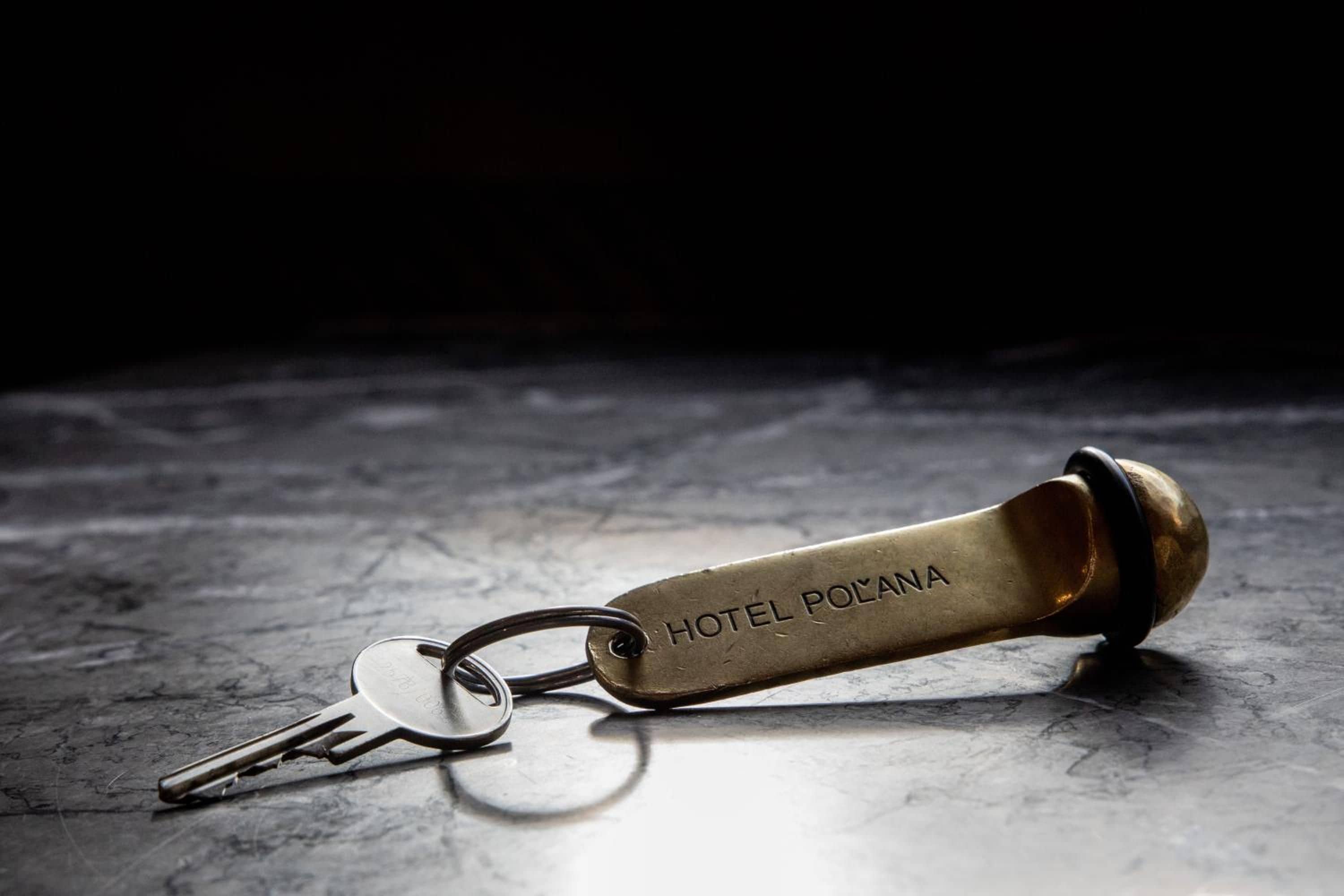 A keychain with a key and a metal tag labeled 'HOTEL POLANA' lying on a textured surface.