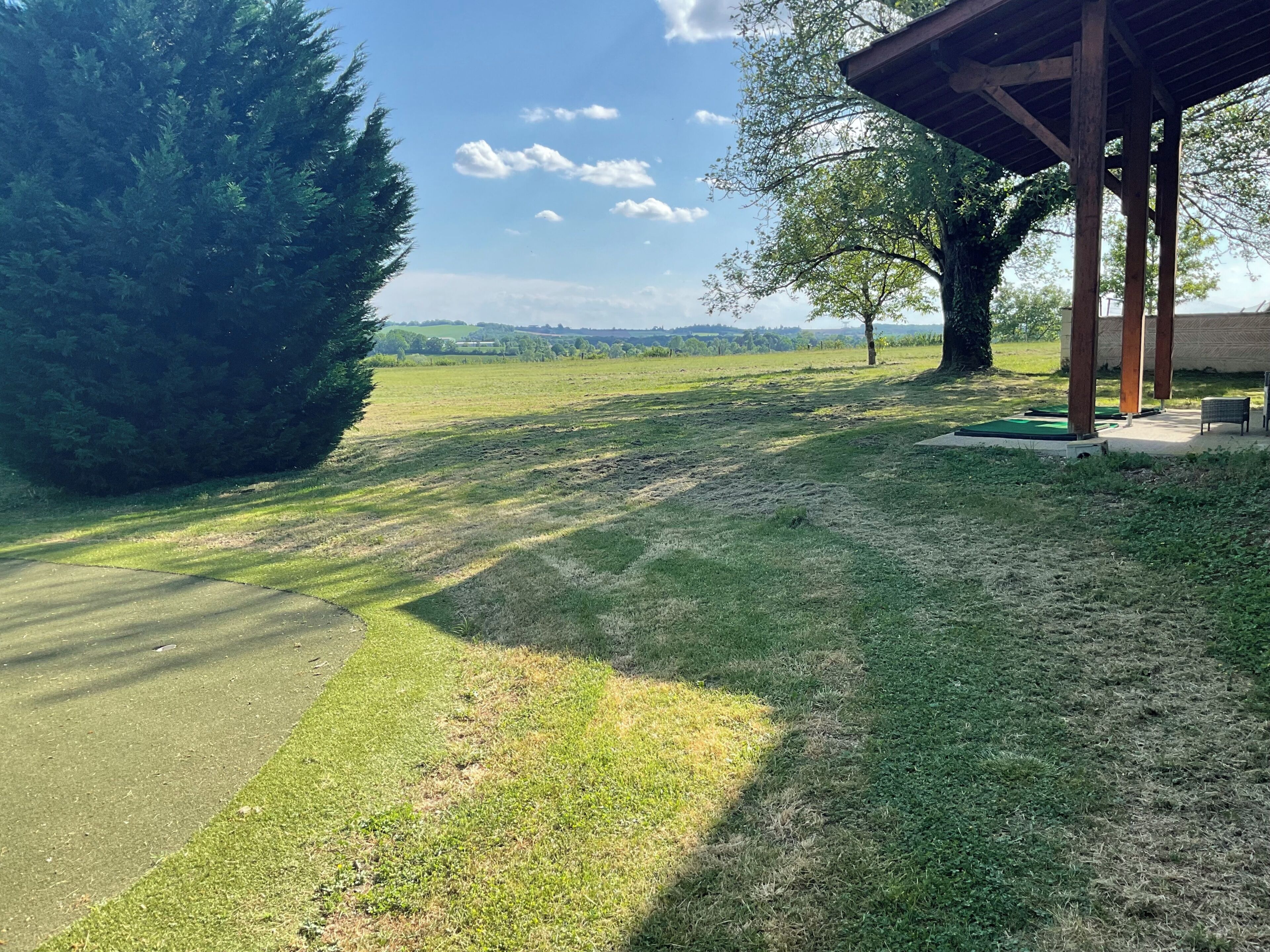 Ein grüner Außenbereich mit einer Holzpergola und einer Bank.