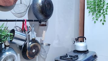 A kitchen with hanging pots and pans, a gas stove, and a hanging plant.