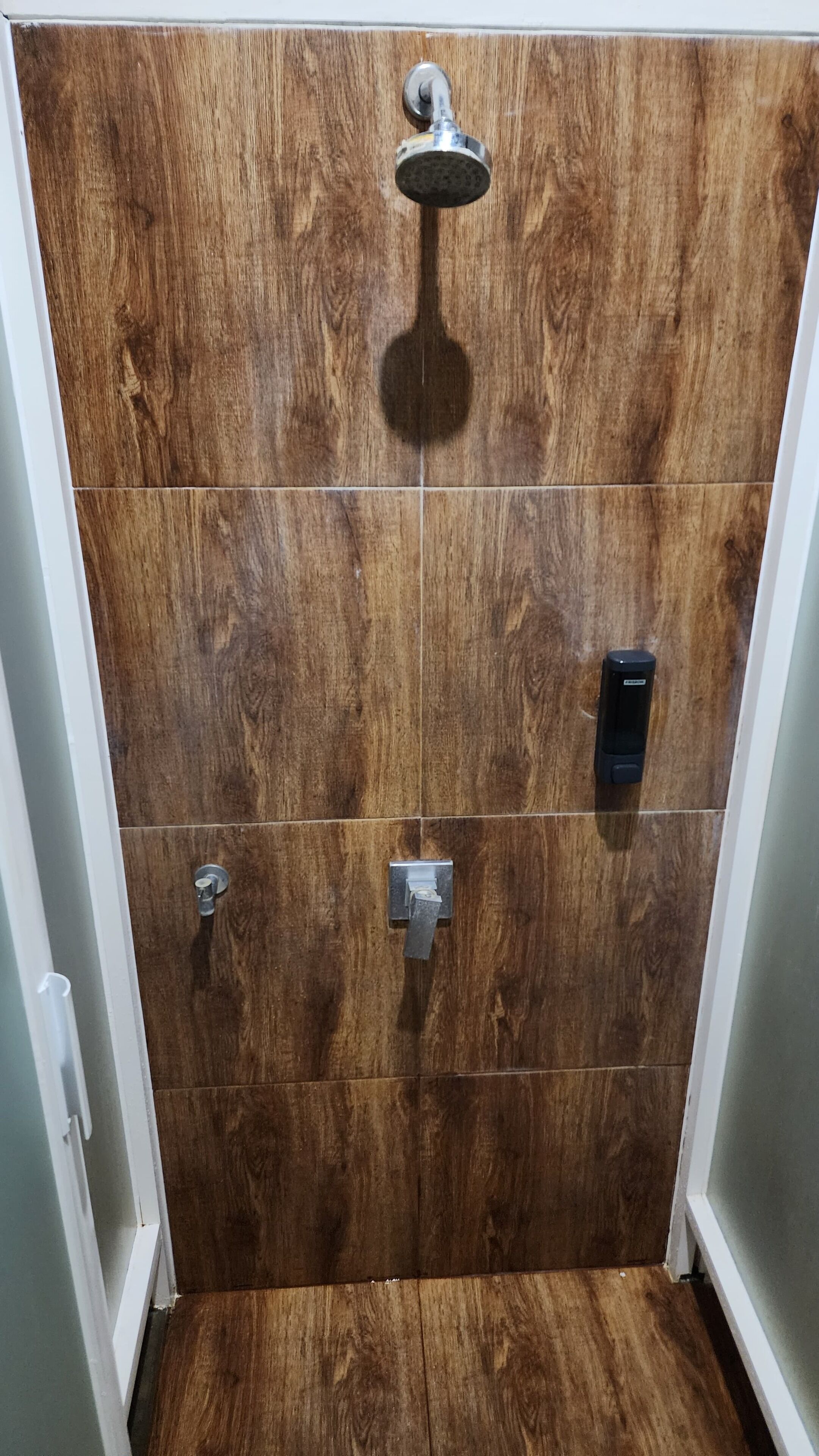 A shower area with a wooden panel wall, a handheld showerhead, and a control panel.