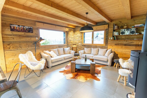 Smart TV, fireplace, books, video library