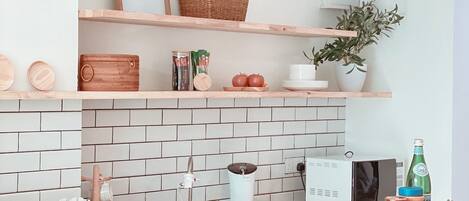 Fridge, microwave, electric kettle, toaster