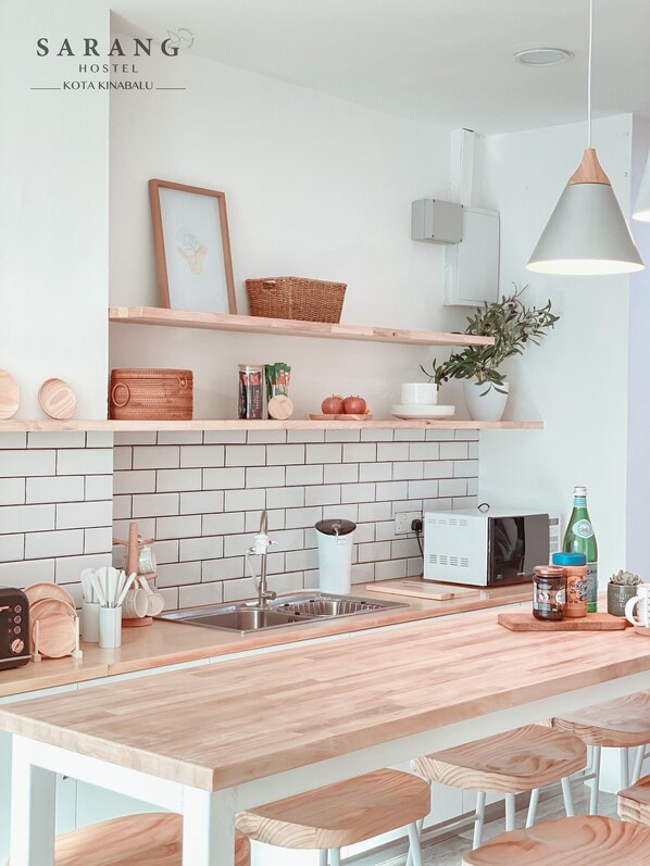 Fridge, microwave, electric kettle, toaster