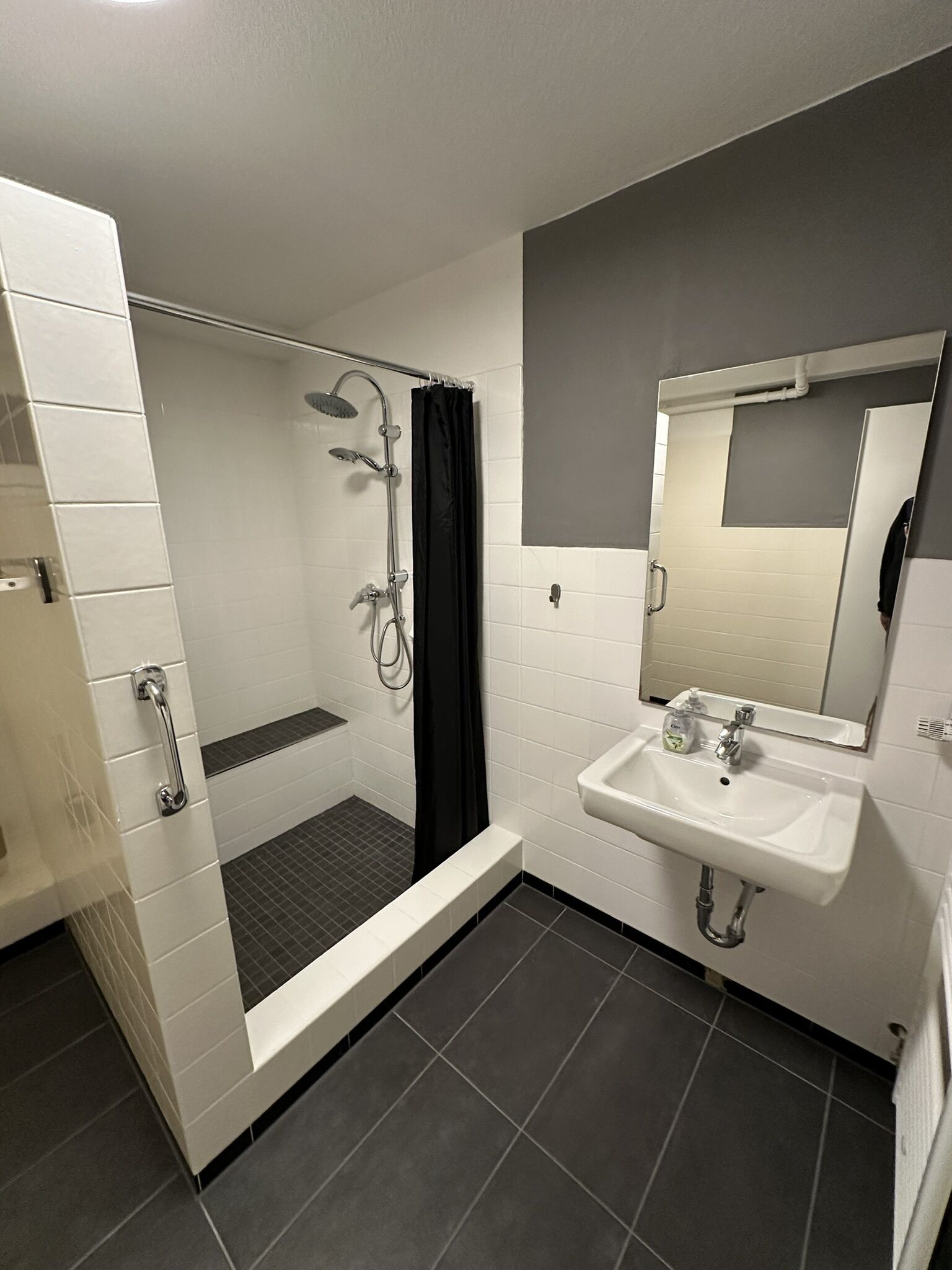 Une salle de bain moderne avec une douche à l’italienne, un lavabo et un miroir.