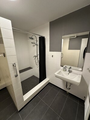 Ensemble douche/baignoire, sèche-cheveux, savon, papier toilette