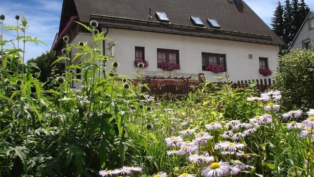 A white building with a sloped roof, multiple windows, and a garden in the foreground with various plants and flowers. - Ferienwohnung Reifberg (Ilmenau)