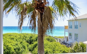A coastal view with a house, a palm tree, and a clear blue sea. - Seagrove Beach, Gated Neighborhood, Pool! (Santa Rosa Beach)