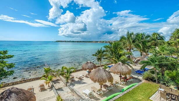 A beach resort with thatched umbrellas, lounge chairs, and a clear view of the ocean and distant buildings. - Perfect for a couple to enjoy the breathtaking views of the Caribbean! (Akumal)
