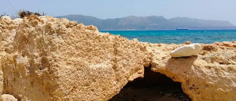 Plage à proximité, chaises longues, parasols, planche à voile