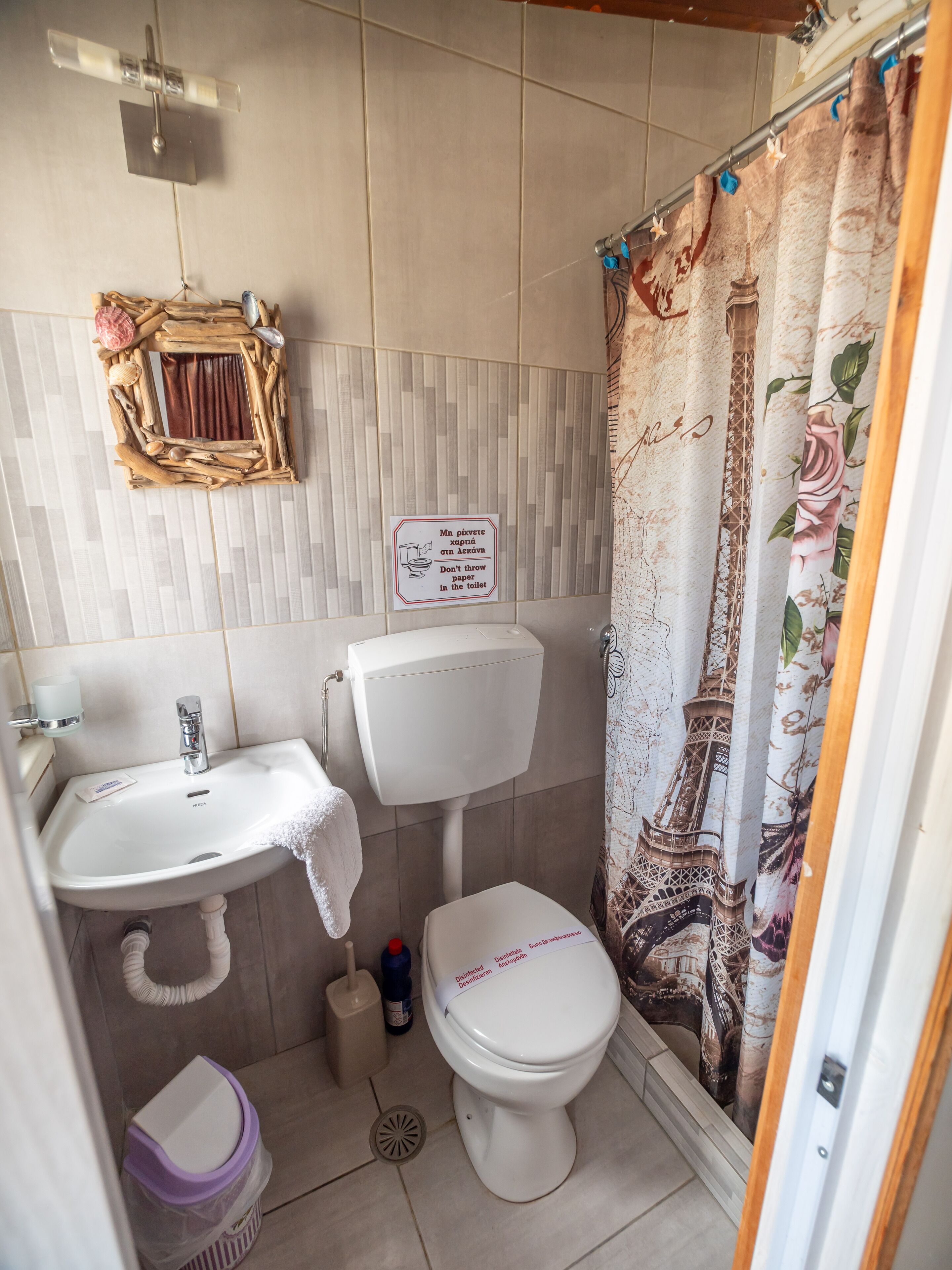 A bathroom with a toilet, sink, and shower curtain.