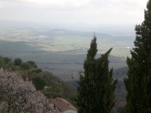 Une vue sur une vallée avec des maisons et des arbres.
