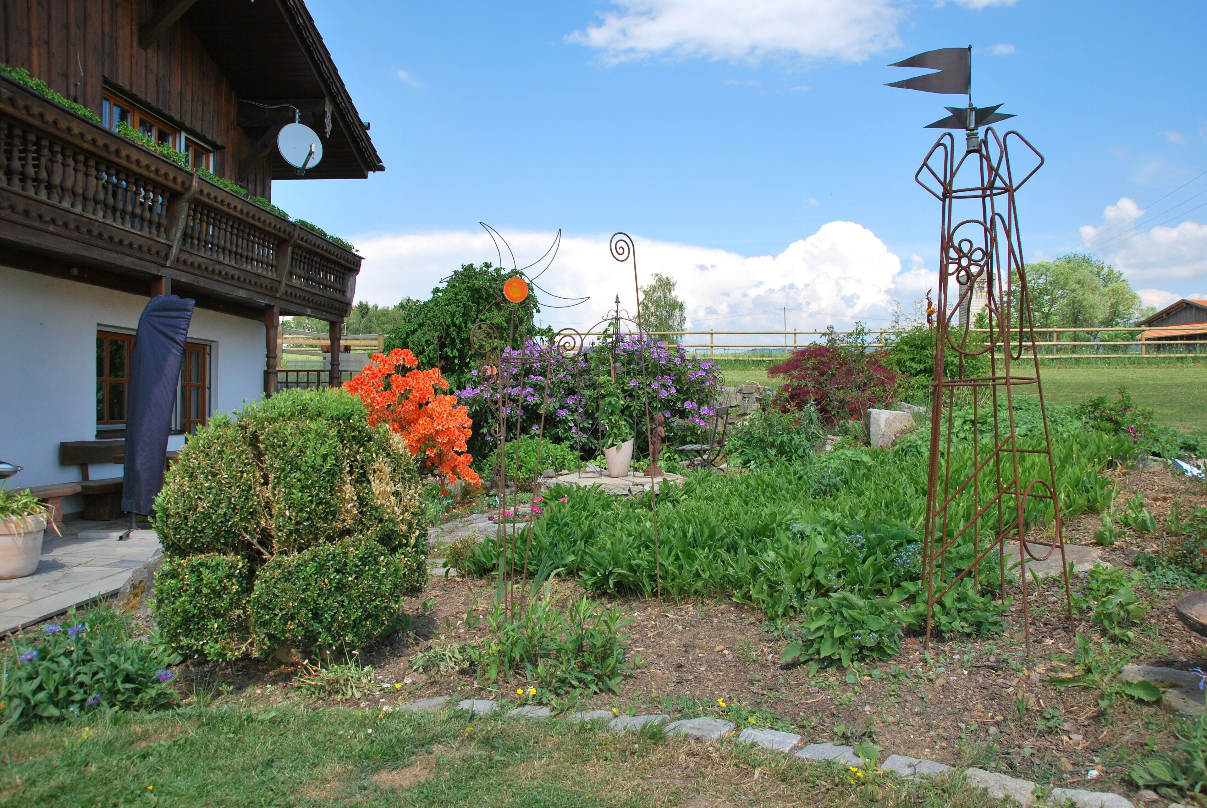 Ein Garten mit verschiedenen Pflanzen und einer Metallskulptur.