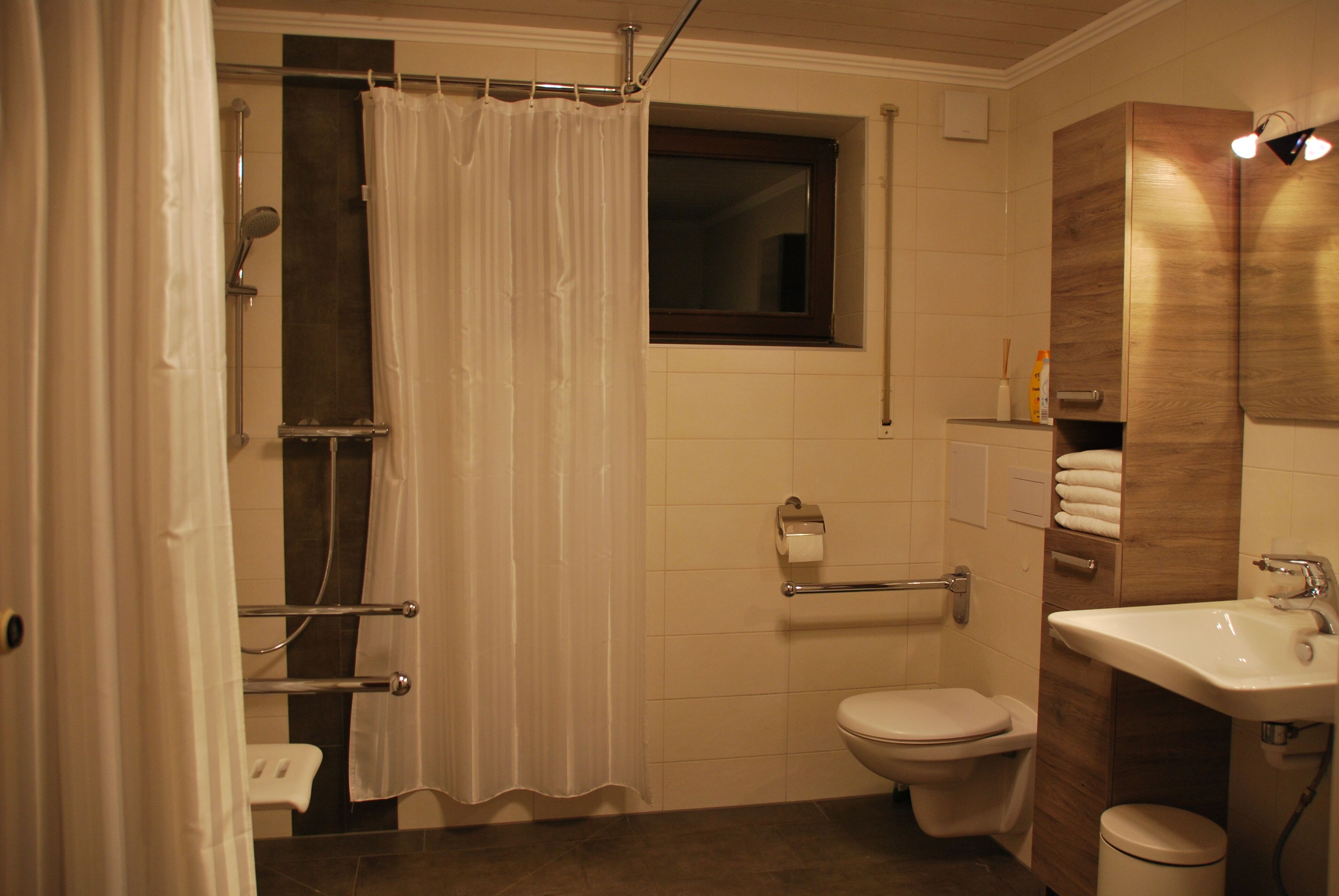 Une salle de bain avec douche, toilettes et lavabo.