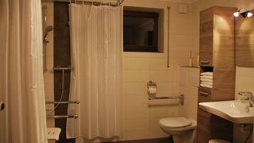 Une salle de bain avec douche, toilettes et lavabo.