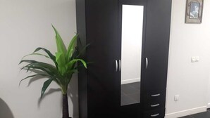 A black wardrobe with a mirror, a potted plant, and a framed picture on the wall. - Guesthouse near Charles De Gaulle Airport (Thieux)