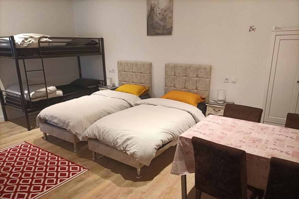 Une chambre avec deux lits, un lit superposé, une table à manger avec des chaises, un tapis à motifs et une œuvre d’art accrochée au mur.