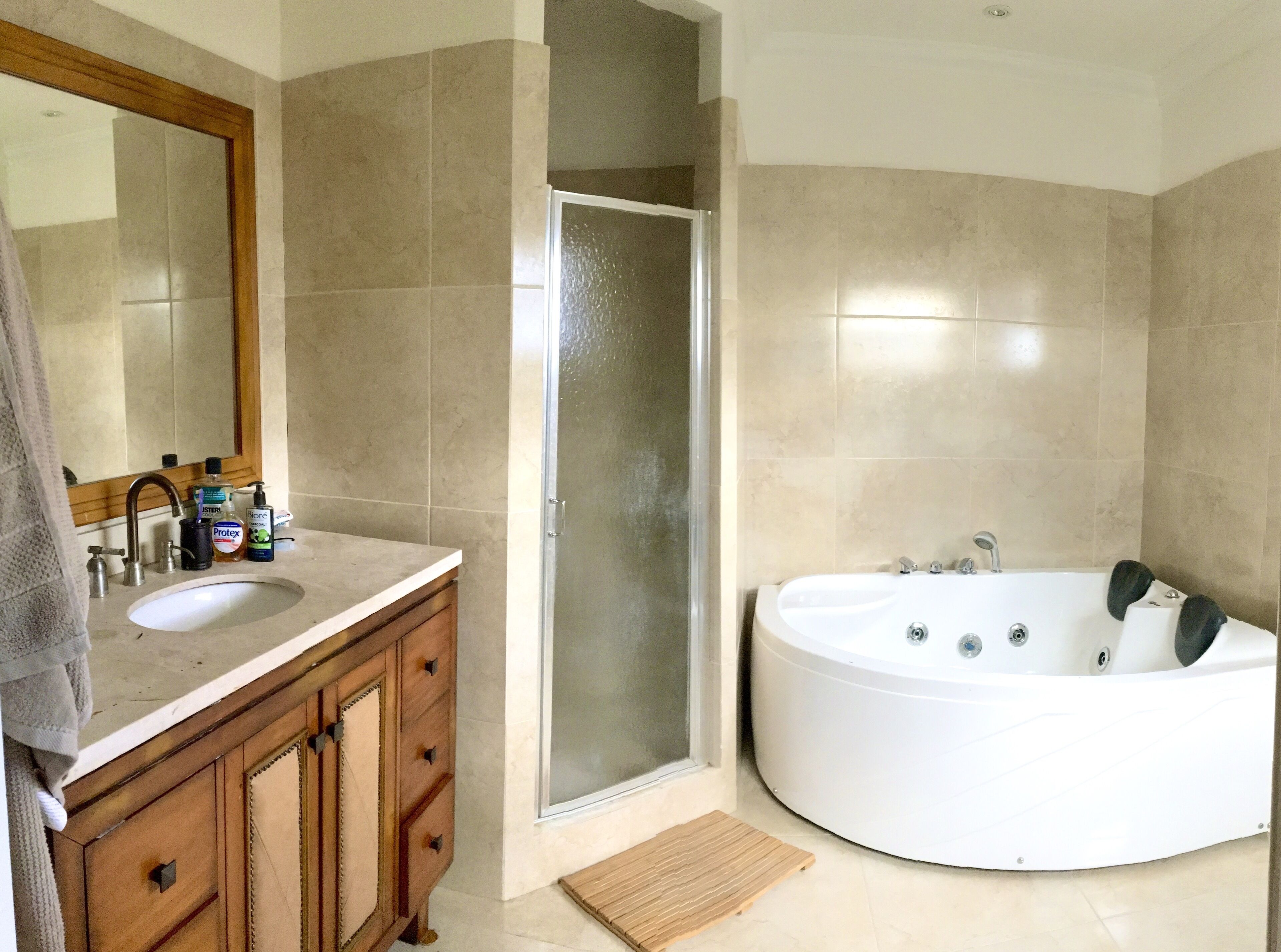 Combined shower/tub, hair dryer, towels, soap