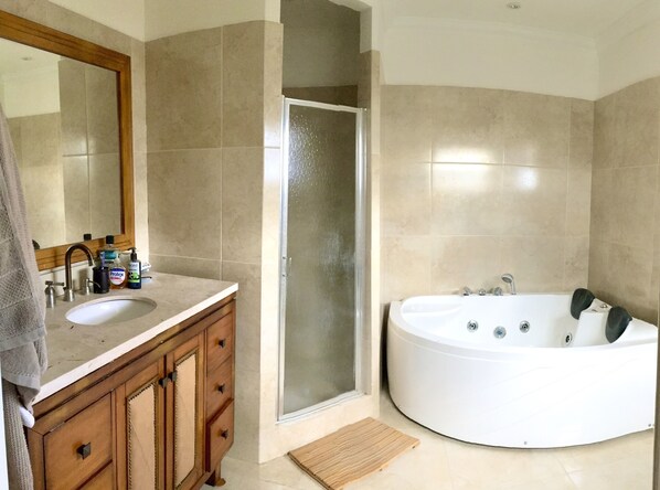 Combined shower/tub, hair dryer, towels, soap