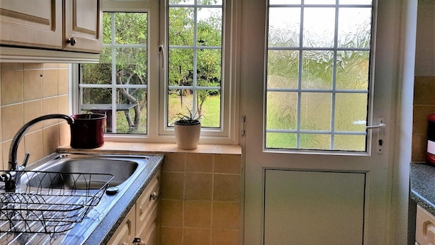 A kitchen with a sink, a potted plant, and a window with a view of greenery. - Poynters House - Huku Kwetu Luton (Luton)