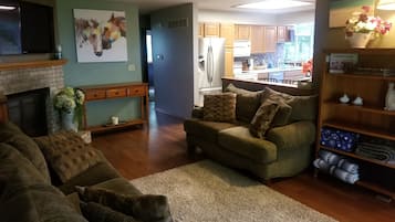 Smart TV, fireplace, DVD player, video library