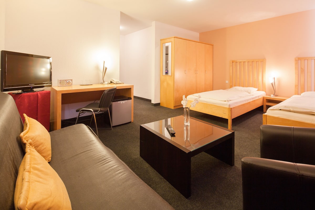 A hotel room with a bed, a desk with a chair, a TV, and a sofa.